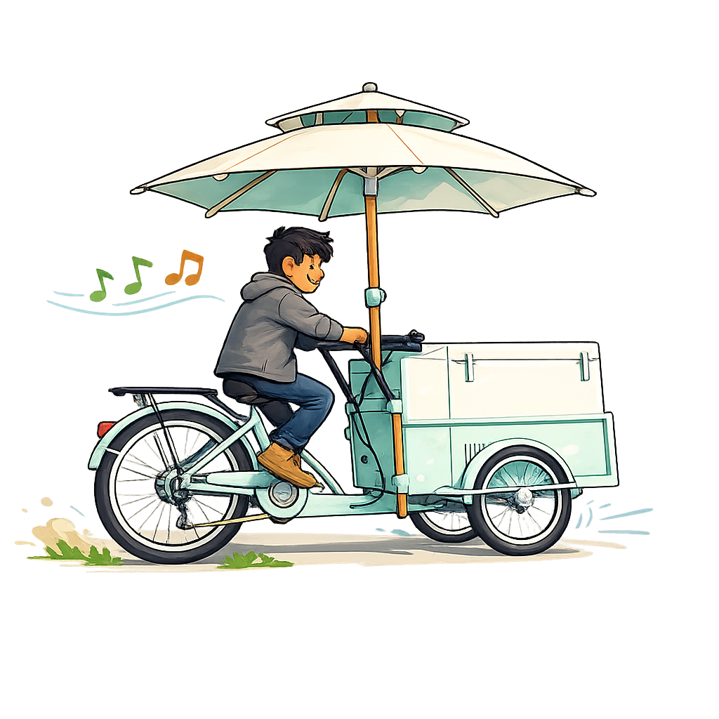 Person pedaling a cargo bike with an umbrella and ice cream cart